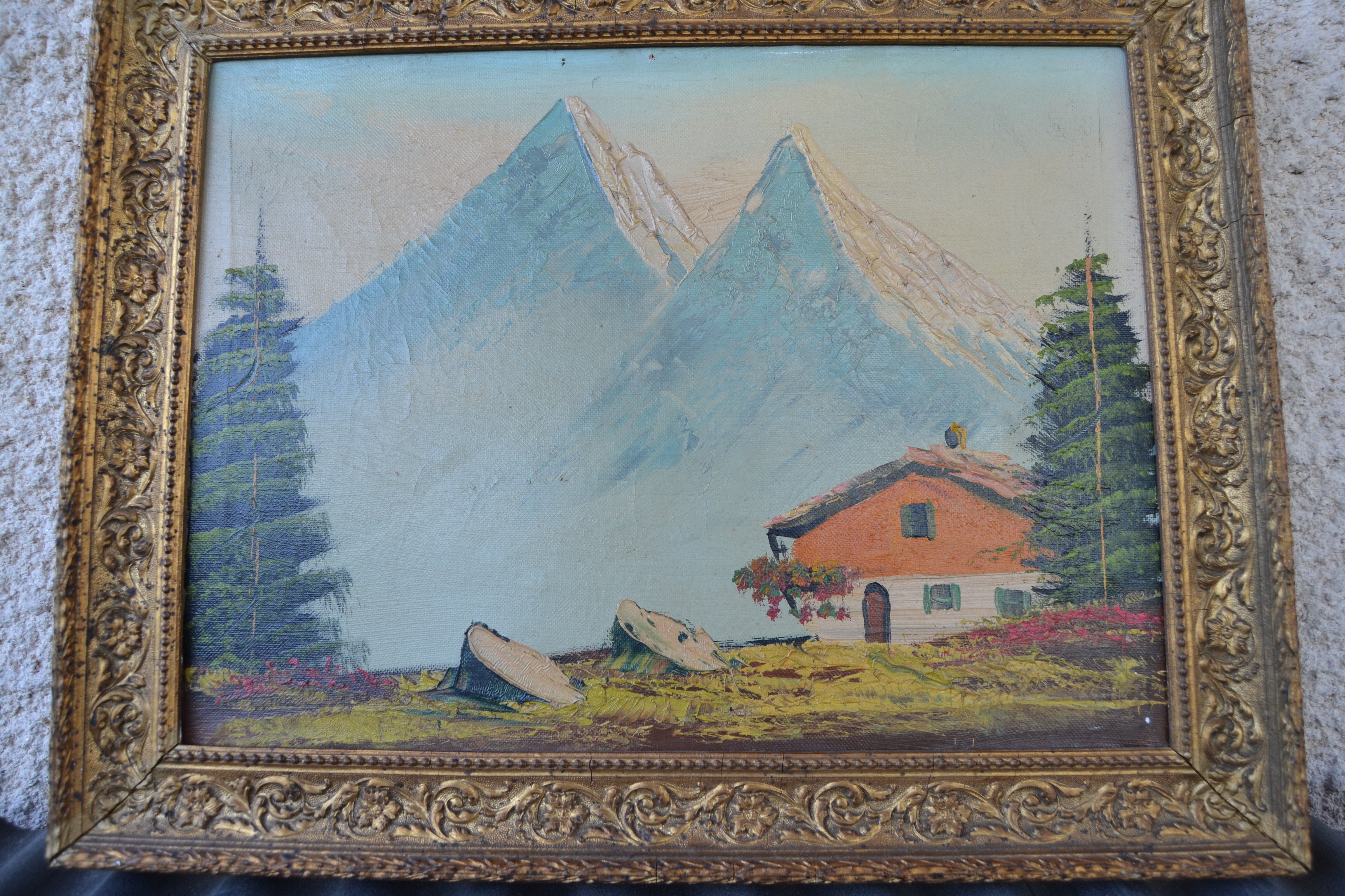 Ancient painting 19th century mountain landscape