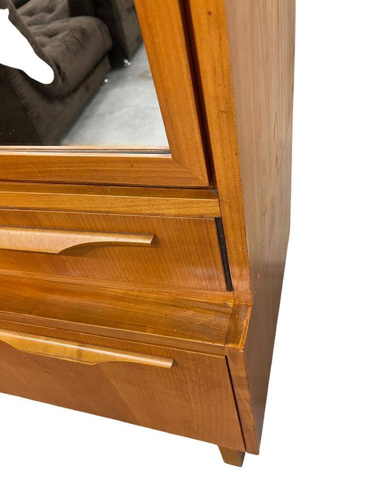 Vintage wooden wardrobe/shelf with mirror doors.