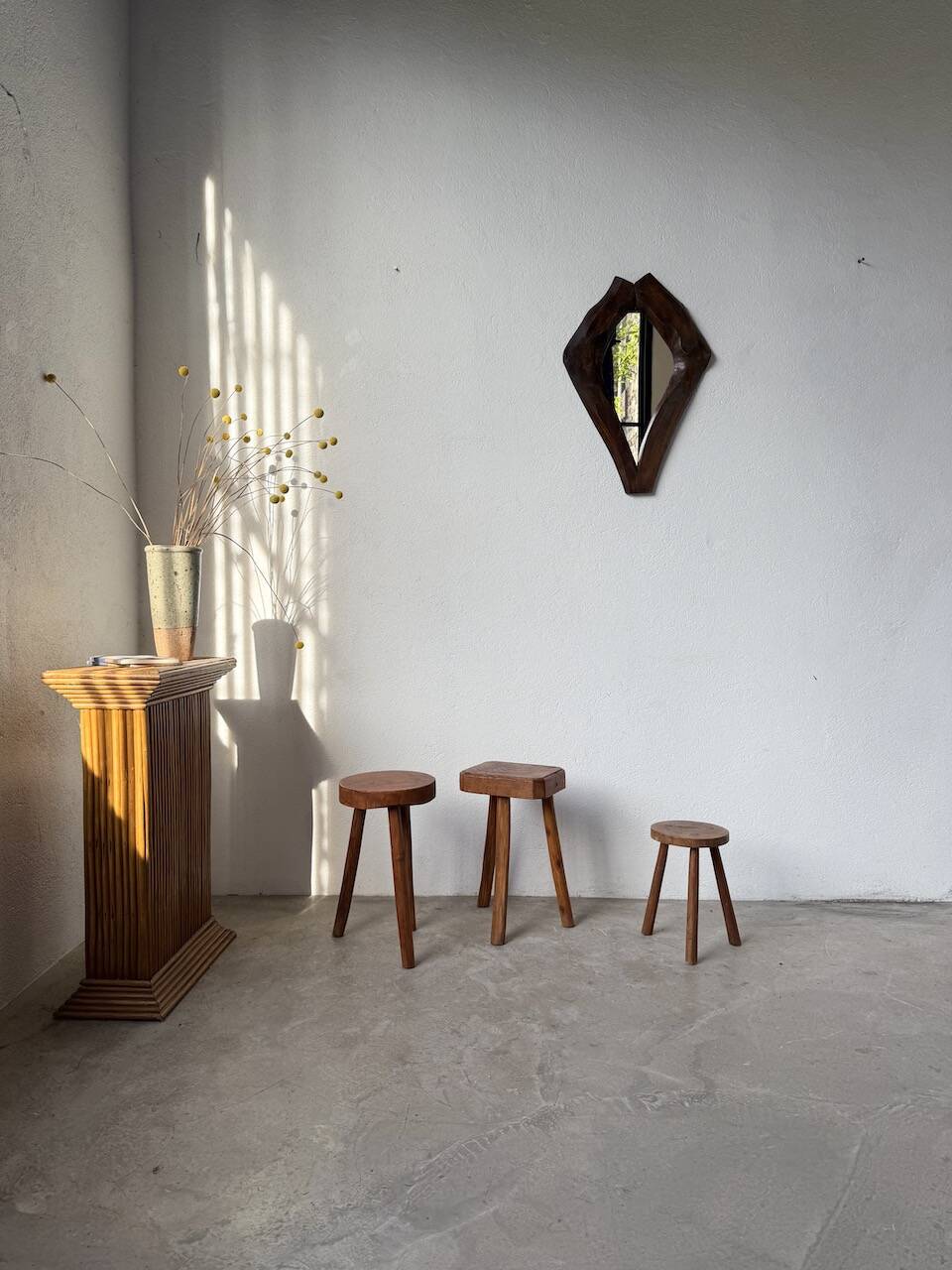 3 free-form oak tripod stools
