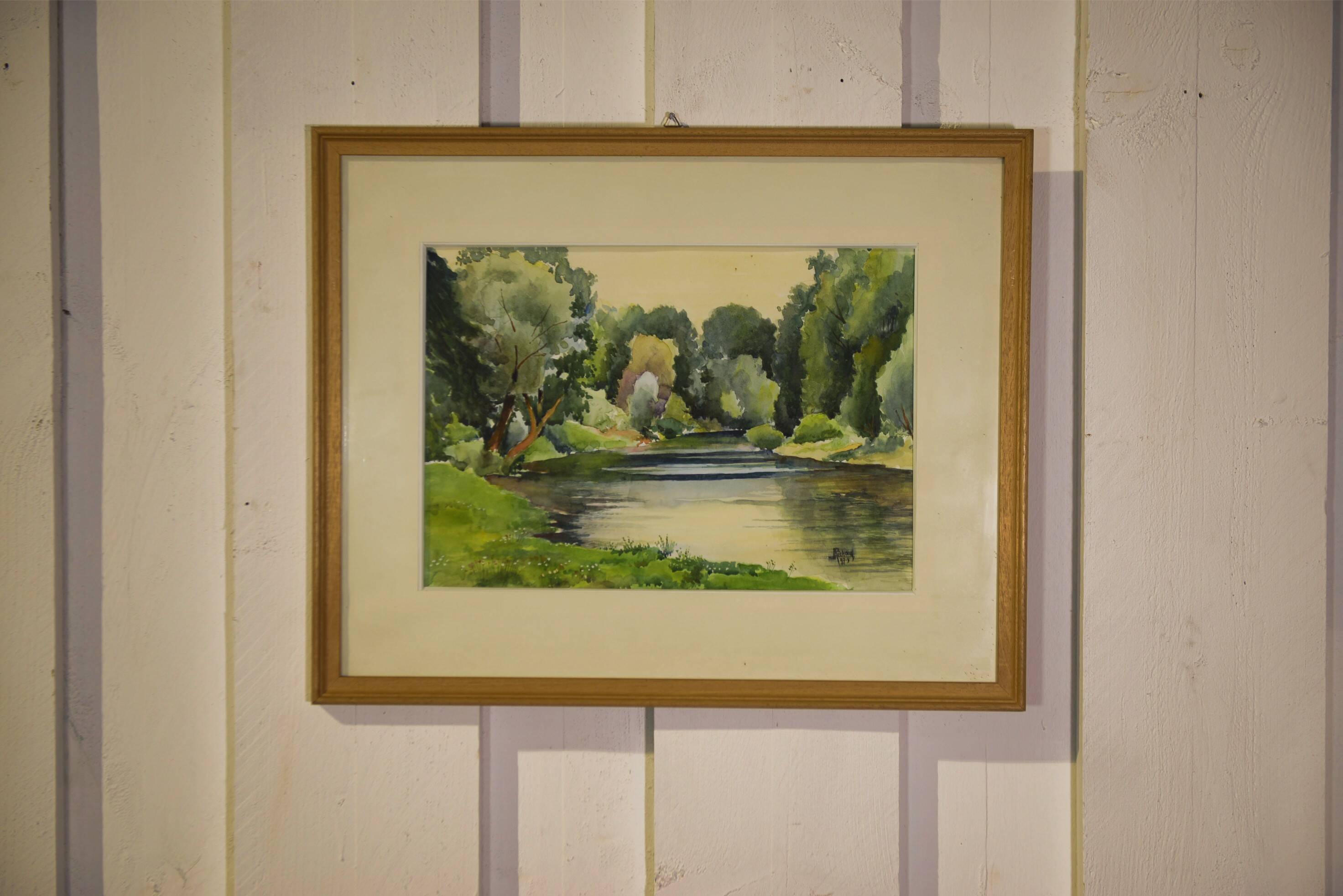 Watercolour riverbank by J. Richard 1975