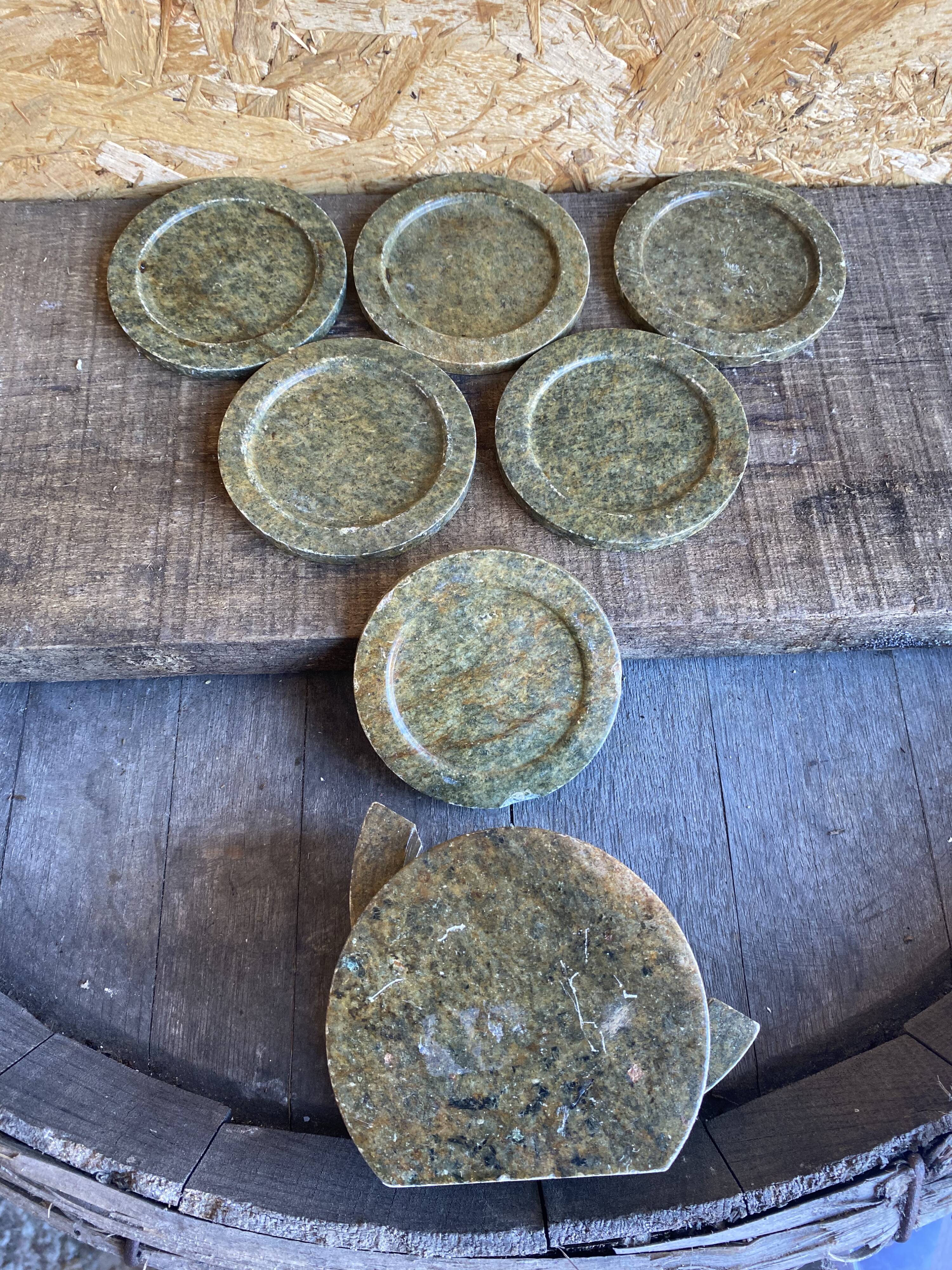 Série de 6 dessous de verre marbre vert + support vintage