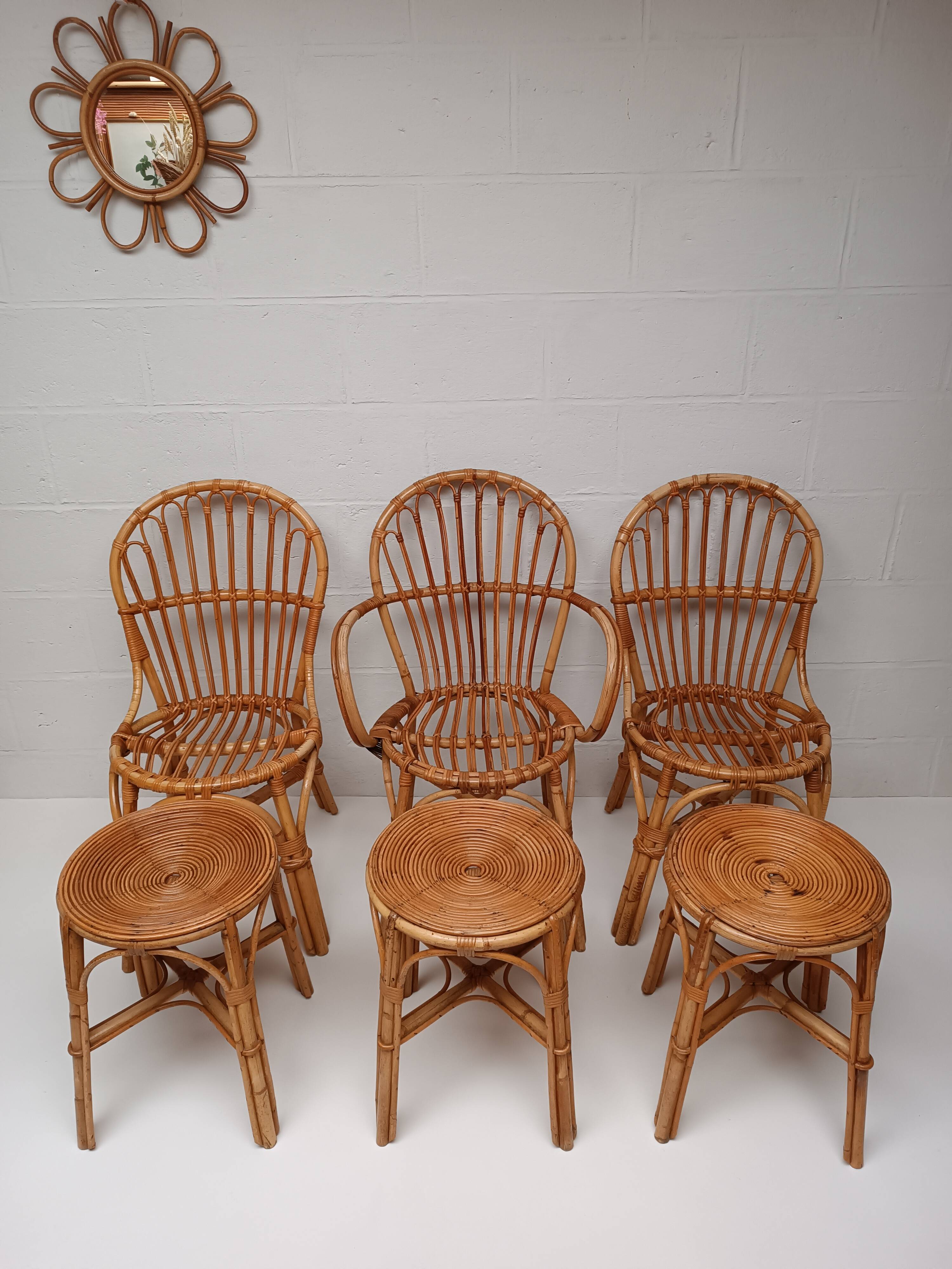 Bamboo table with extensions, 3 chairs and 3 stools from the 1960s.