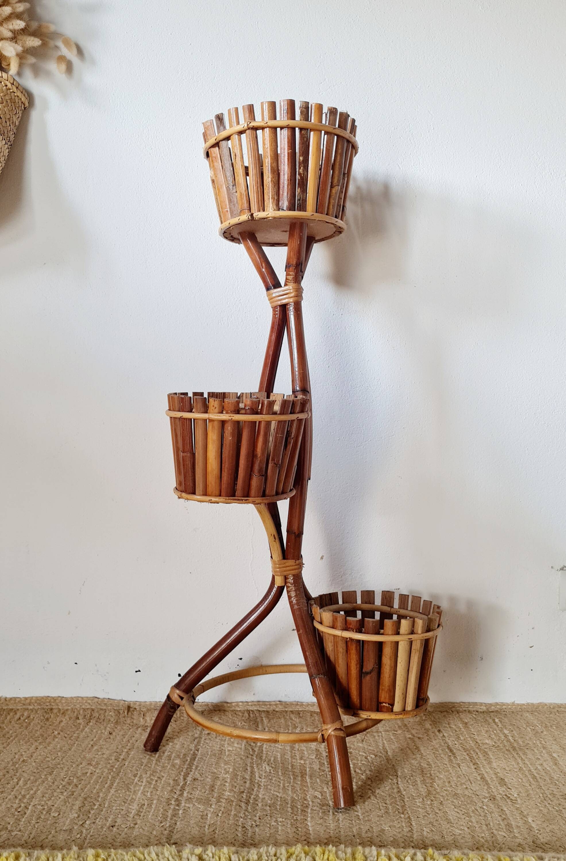 Vintage 3-tier plant stand in bamboo and rattan
