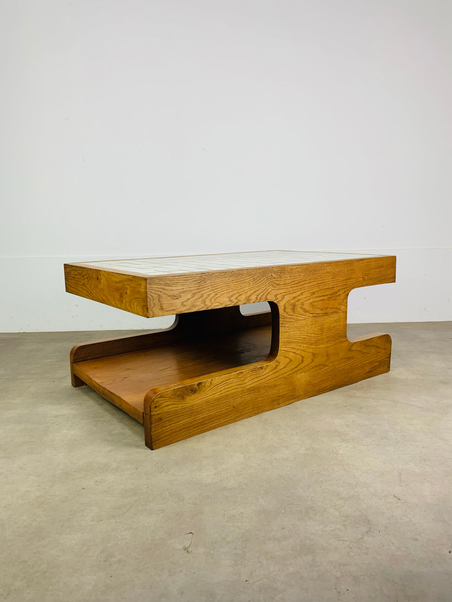Brutalist coffee table made of solid wood from the 1970s.