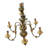 Ancien lustre 6-ampoules en bois patiné de style florentin