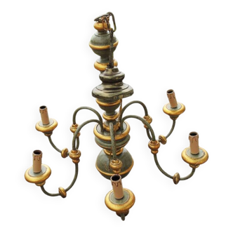 Antique 6-light chandelier in patinated wood, Florentine style