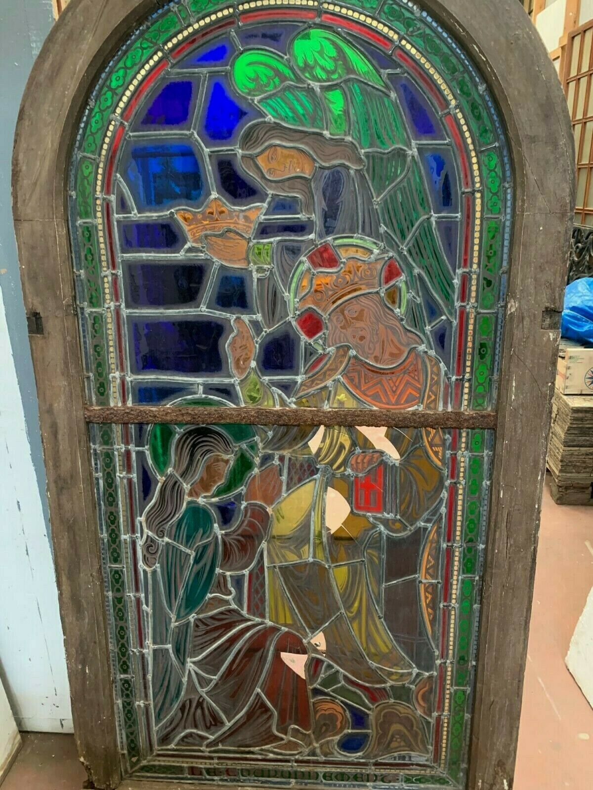 Stained glass panel representing a nineteenth century coronation