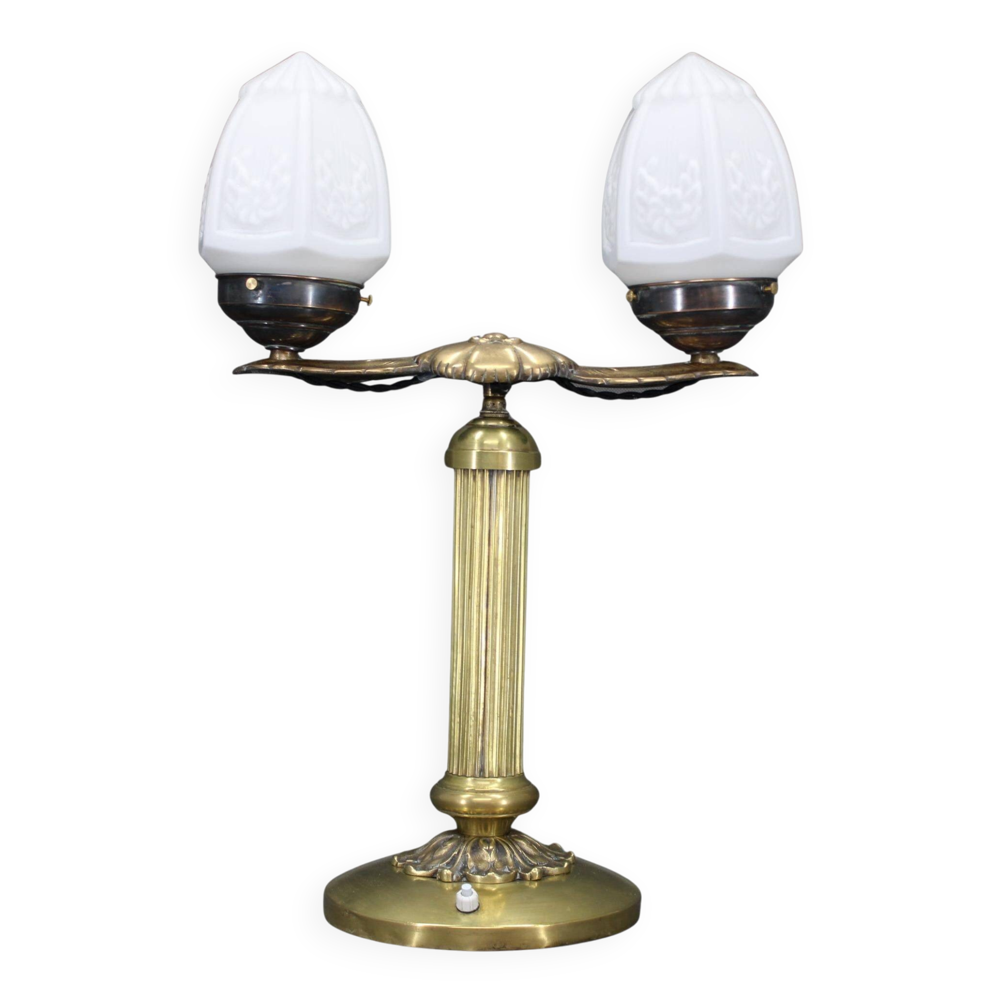 1930s Secession brass and glass dual desk lamp, Czechoslovakia