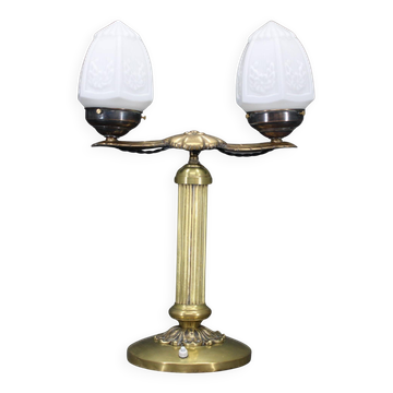 Lampe de bureau double en laiton et verre, style Sécession des années 1930, Tchécoslovaquie