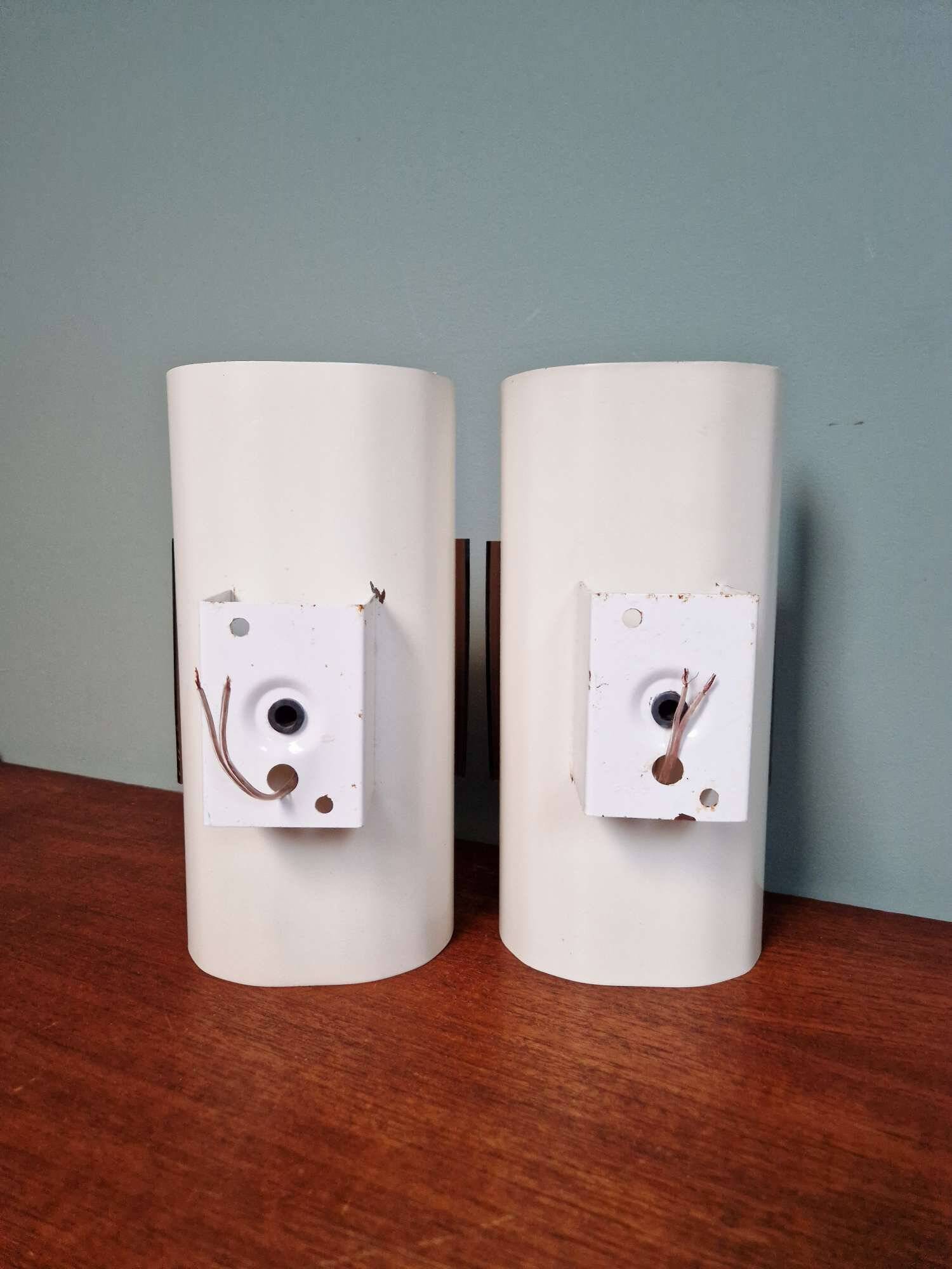 Pair of Space Age wall lights, white lacquered metal and smoked plexiglass