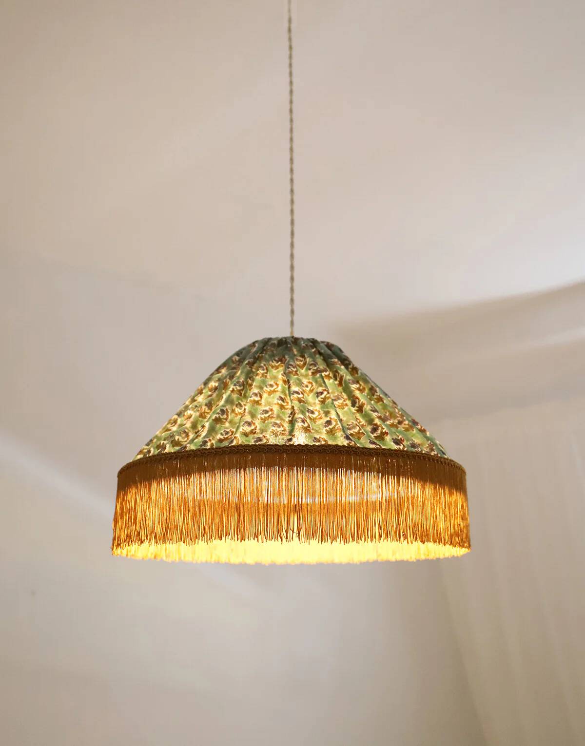 Bella conical textile pendant light with "bohemian flora" print
