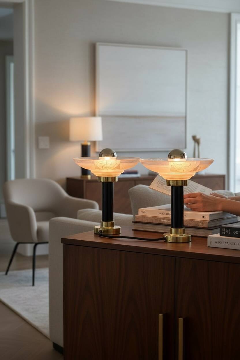 Pair of Art Deco bedside lamps, glasses signed Muller