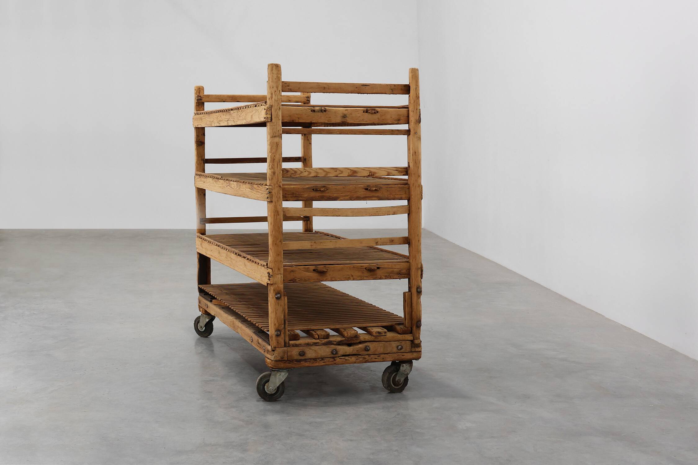 Large baker's cart/ rolling shelf in pine wood, France ca. 1900