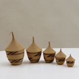 Set of 5 vintage tutsi rwanda rattan decorative lidded pots 1970s