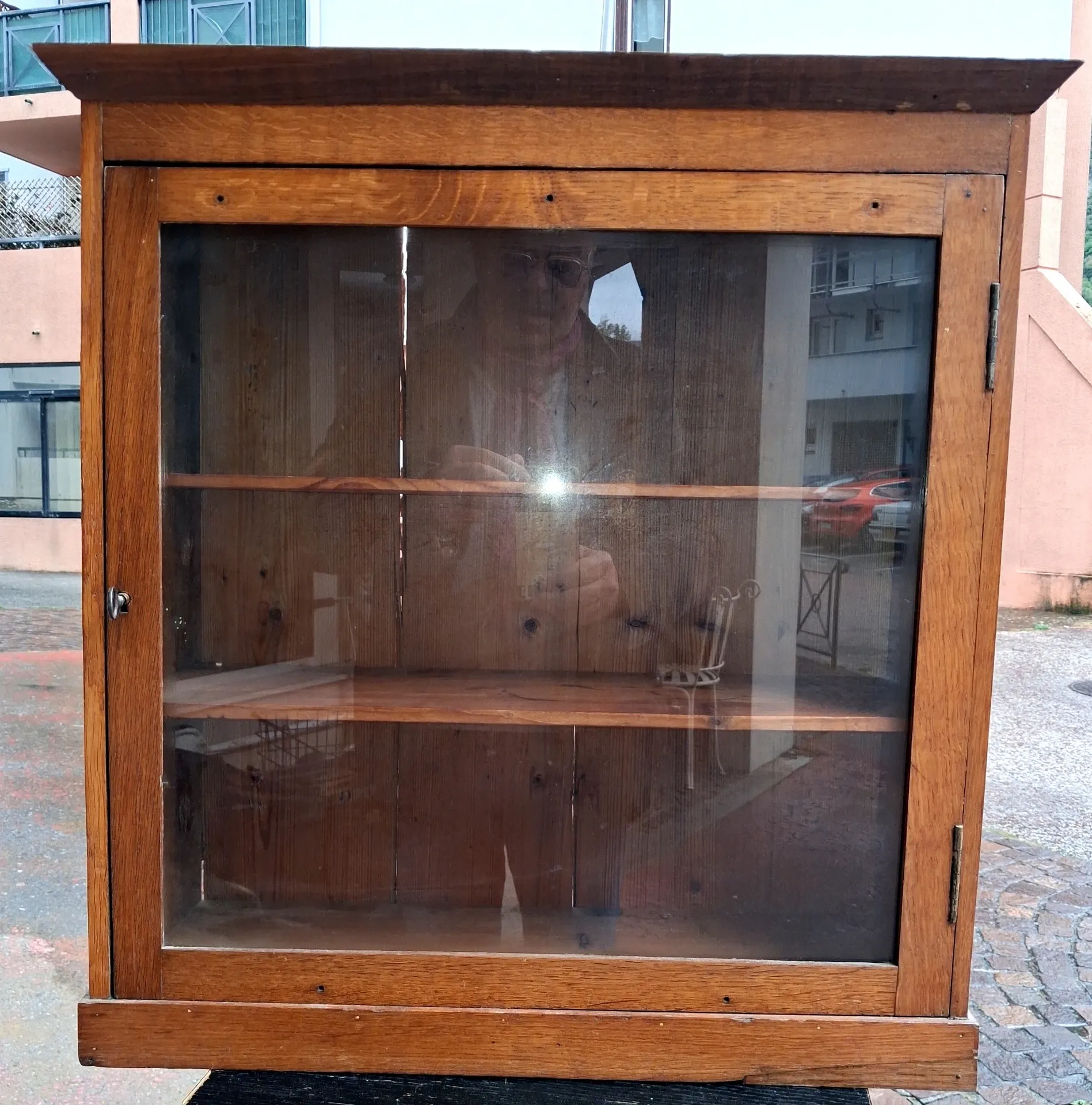 Vintage wooden wall display cabinet, chalet country design.
