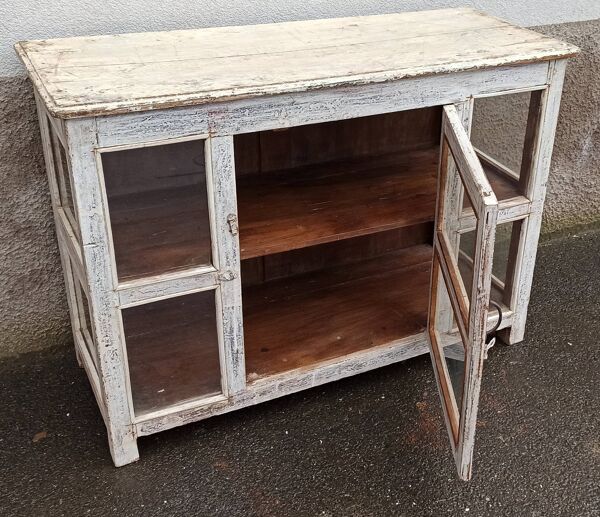 Petite vitrine ancienne en bois blanc