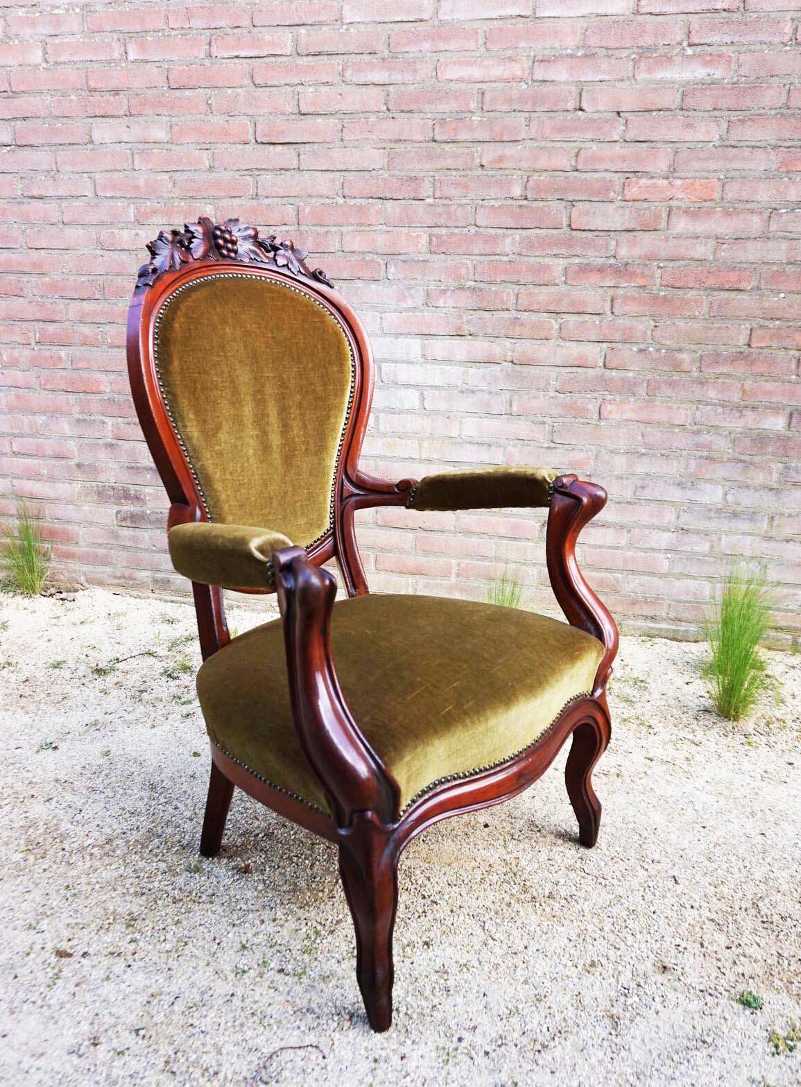 Mahogany Napoleon III Armchair with Carved Grapes  Decoration on Top, 1870s