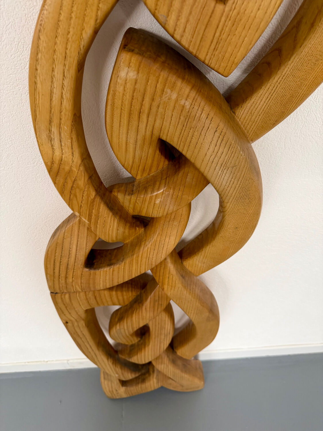 Twisted solid wood sculpture, vintage 1970s design.