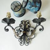 Antique black and gold metal wall lamp - 18th century style foliage lampshade