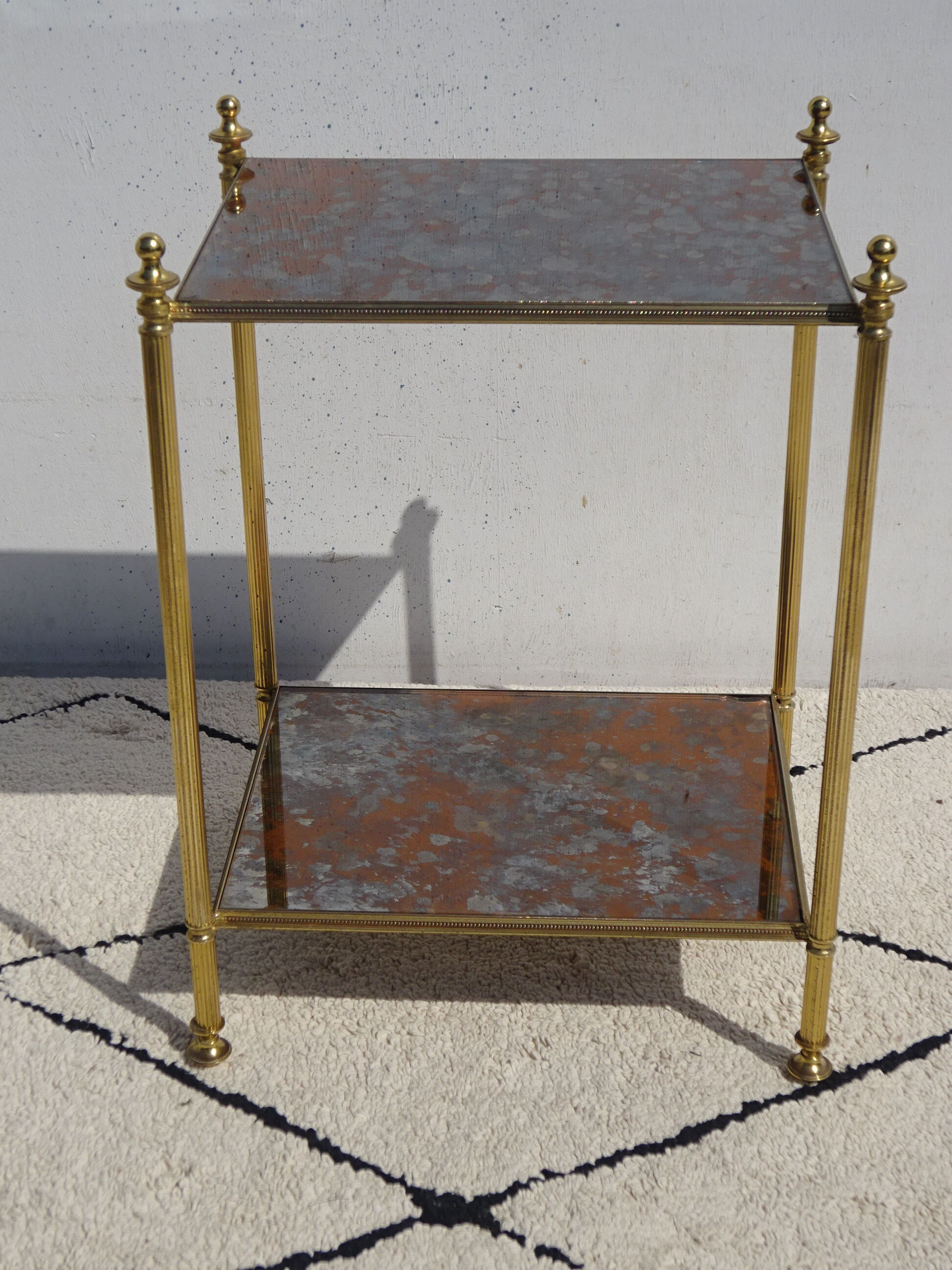 Pair of bedside tables in gilded brass and glass, midcentury