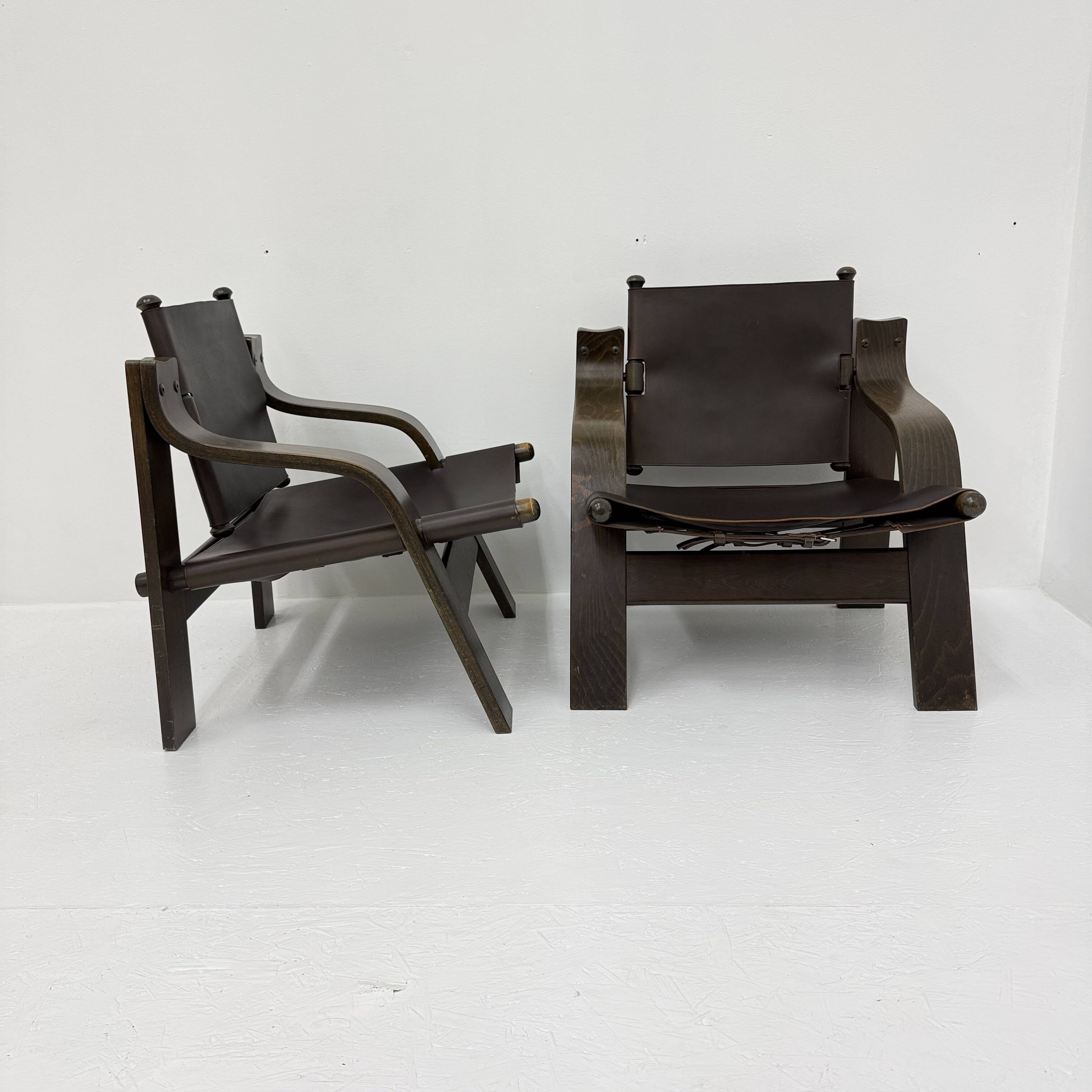 Set of 2 brutalist leather  lounge chairs, 1970’st