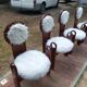 Set of 4 vintage dining chairs in brown pine and white fur by Szedleczky (1970s)