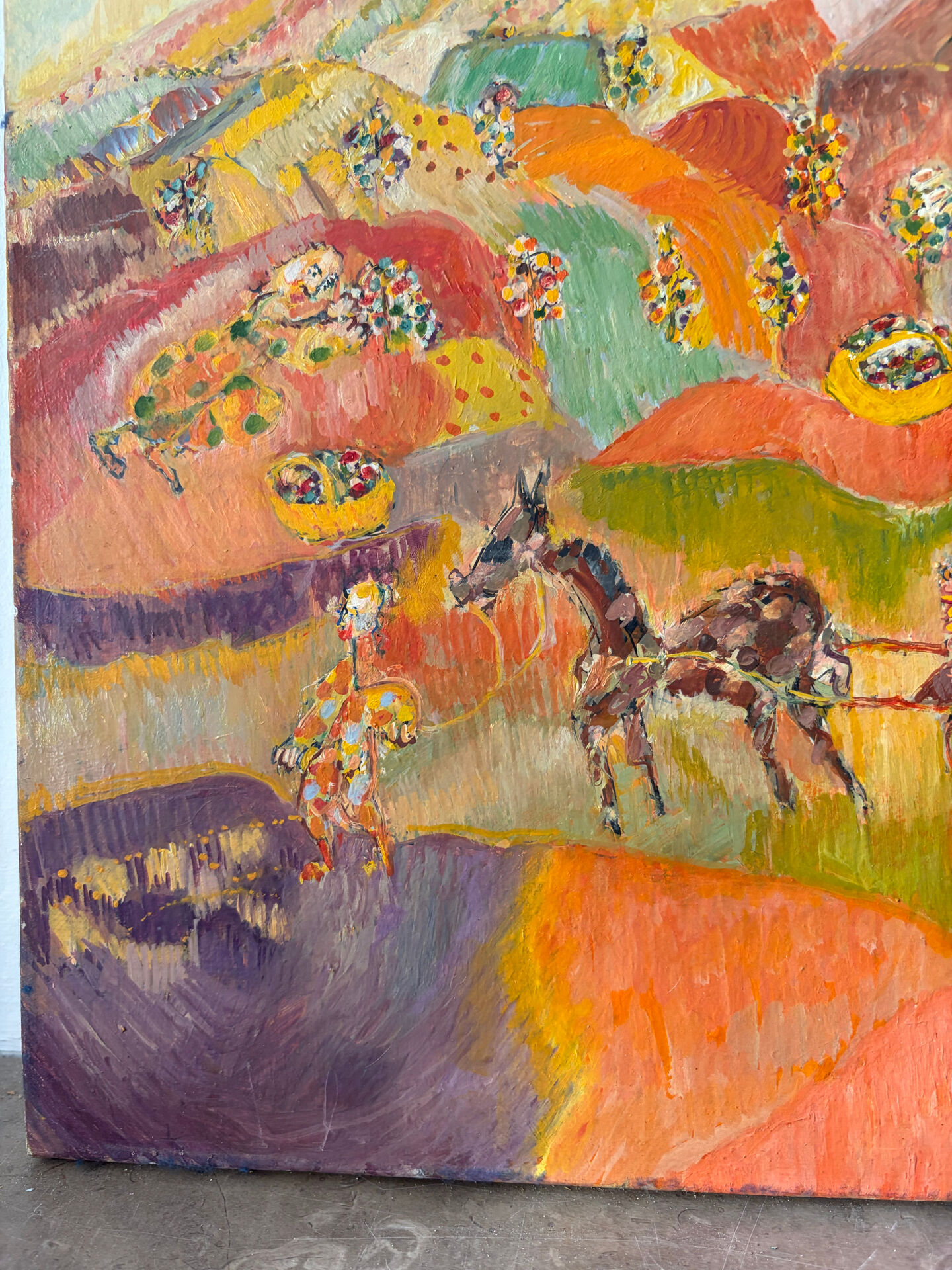 Naive painting: shepherd with sheep, oil on canvas signed