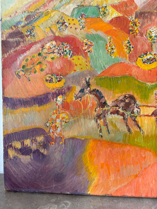 Tableau naïf : berger avec moutons, huile sur toile signée