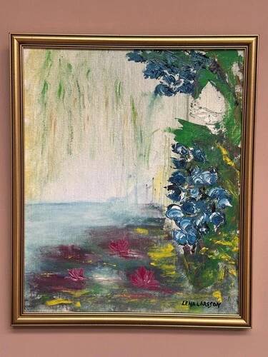 Mid-Century Oil on Canvas “Water Lilies” by Lena Larsson Framed 50 × 42 cm