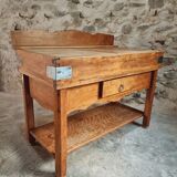 Table de boucher française vintage – Bloc de hêtre des années 1960 – Table de boucher avec tiroir et étagère