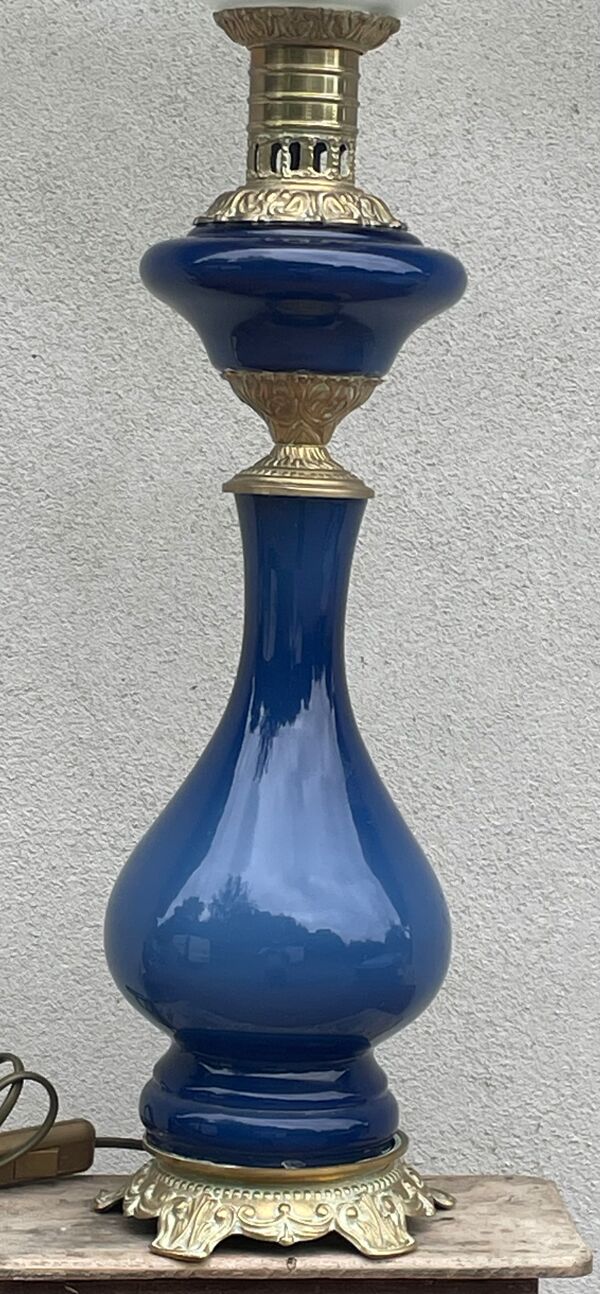 Lampe balustre porcelaine bleu et bronze