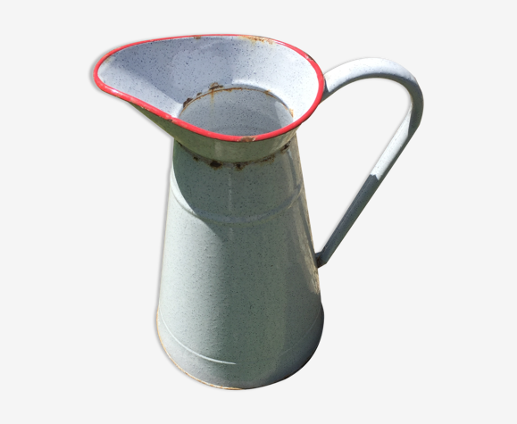 Broc en tôle émaillée blanc liseré rouge