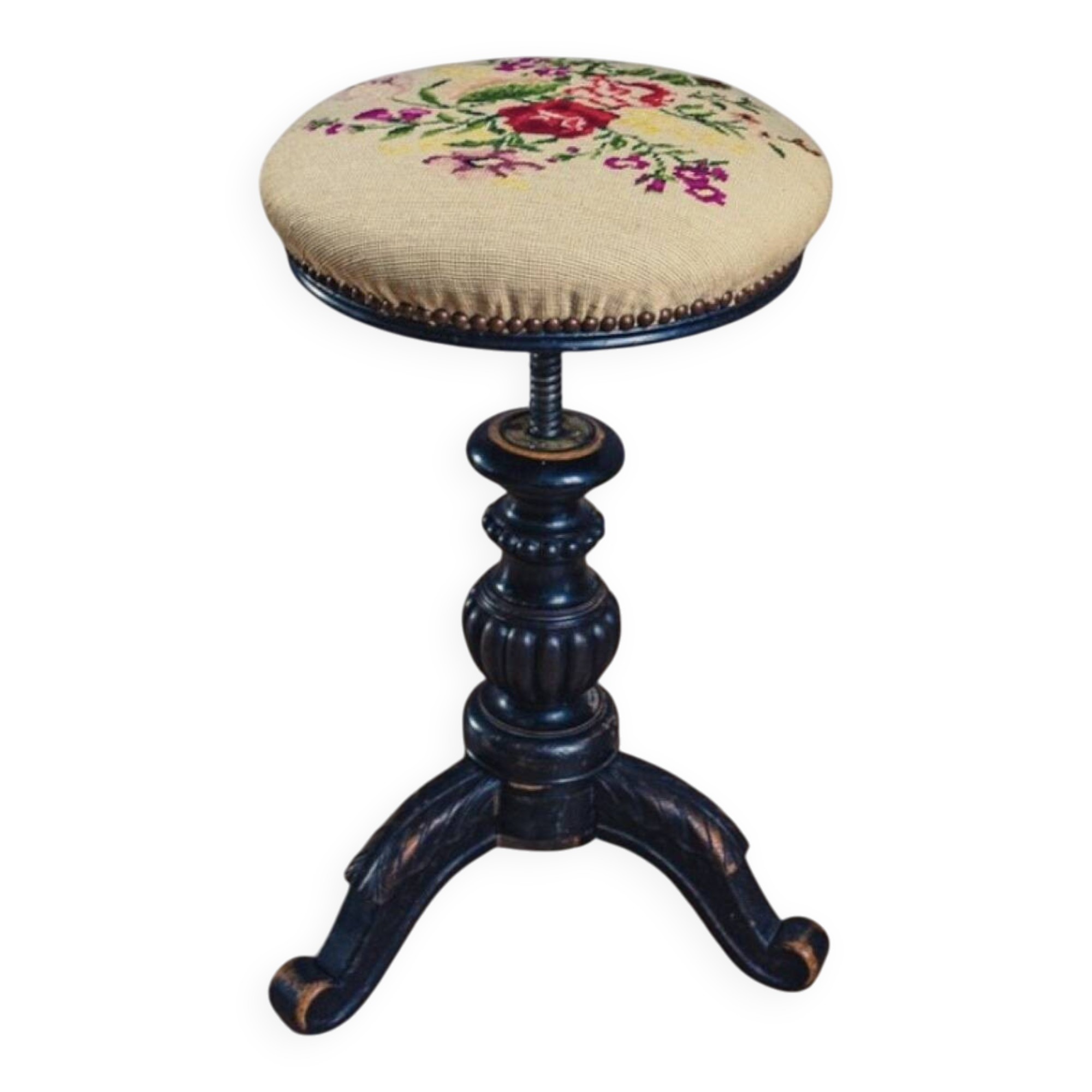 Tabouret de piano en bois noirci