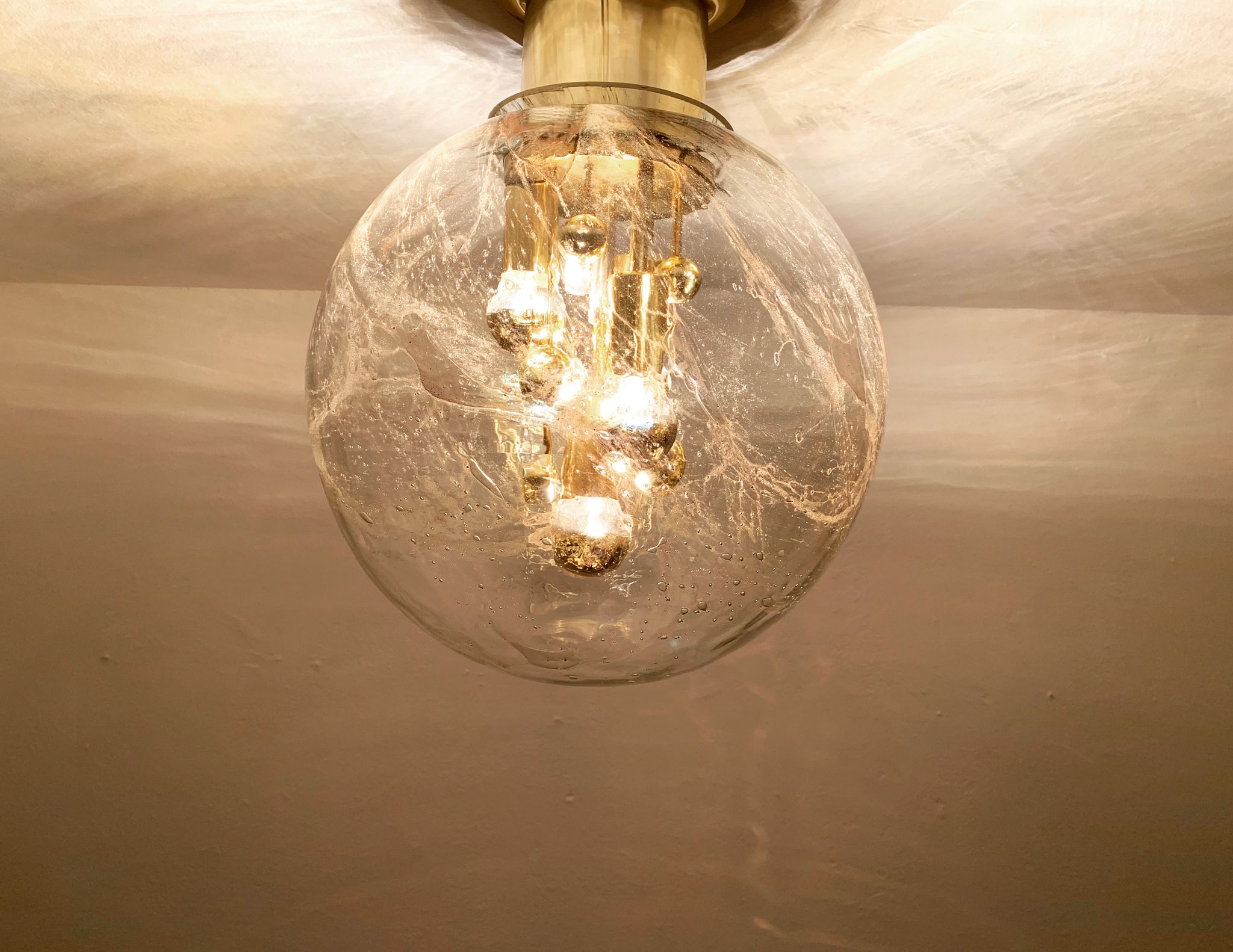 Golden mid-century ice glass ceiling lamp by Doria