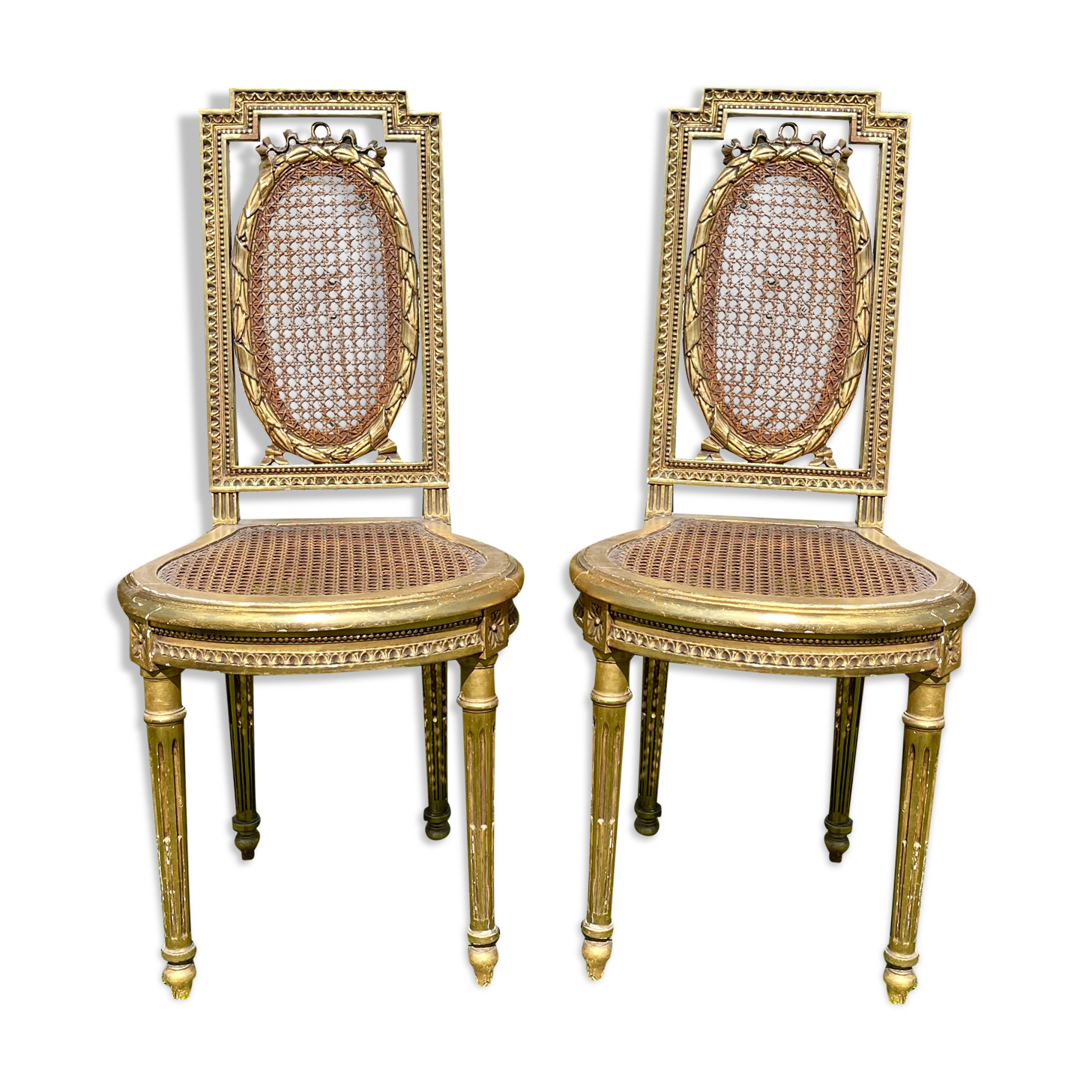 Pair of Golden Wood Chairs - Louis XVI Style Cannage