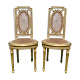 Pair of Golden Wood Chairs - Louis XVI Style Cannage