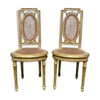 Pair of Golden Wood Chairs - Louis XVI Style Cannage