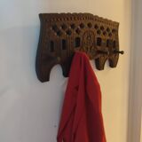 Brutalist style carved wooden coat rack with four hooks