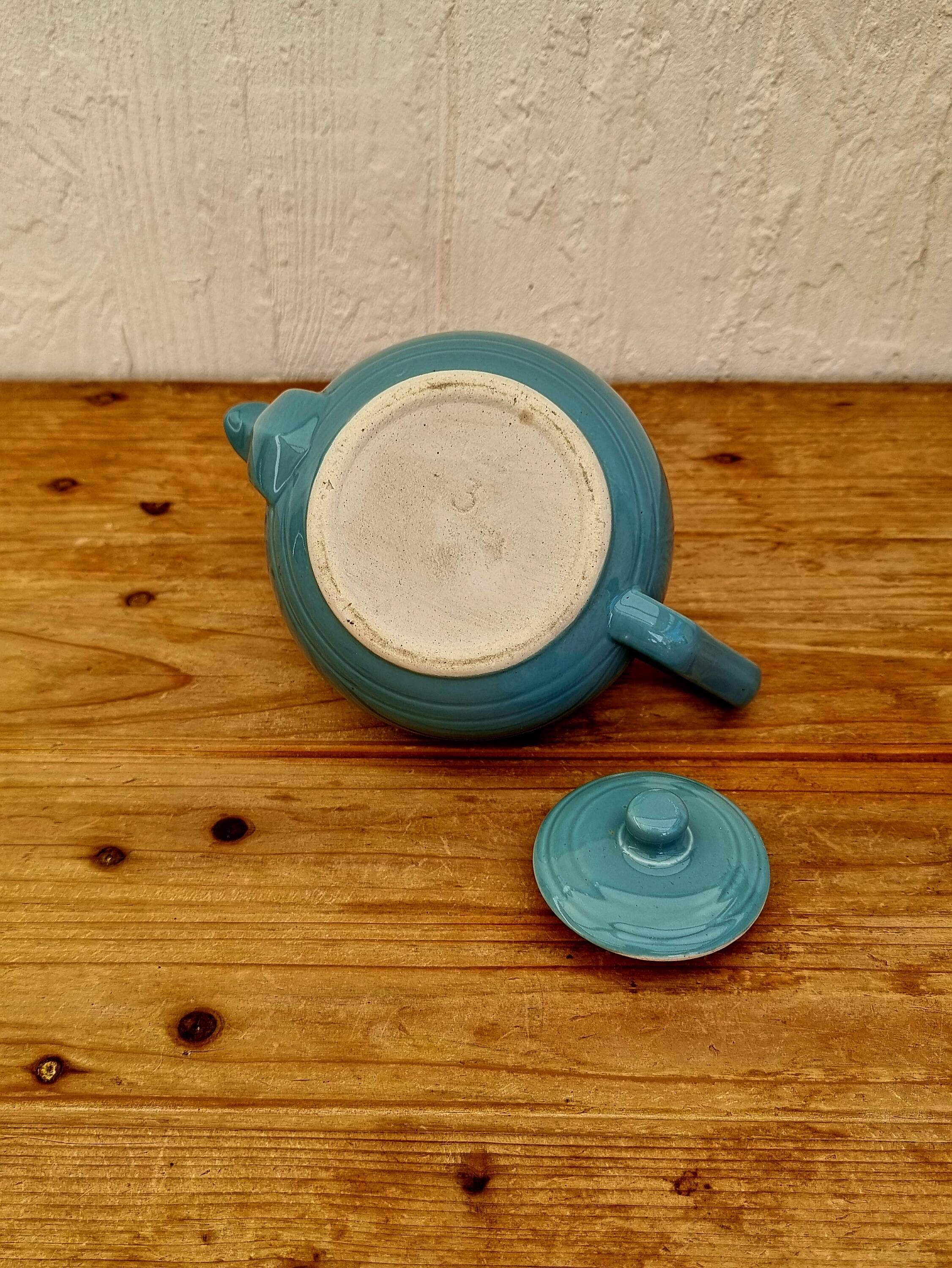 60s blue ceramic teapot