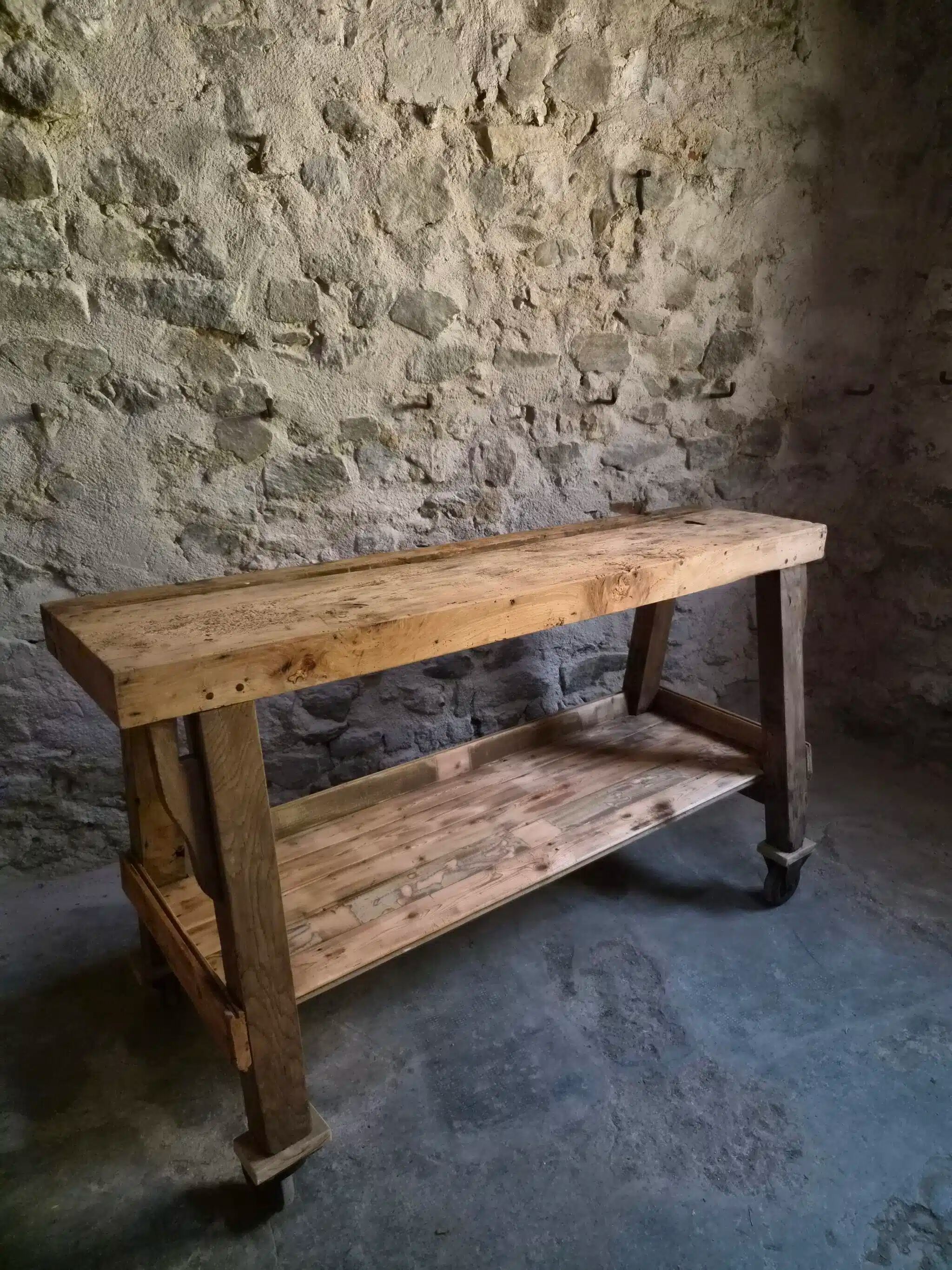 French industrial kitchen island, antique work table in chestnut and oak, circa 1900.