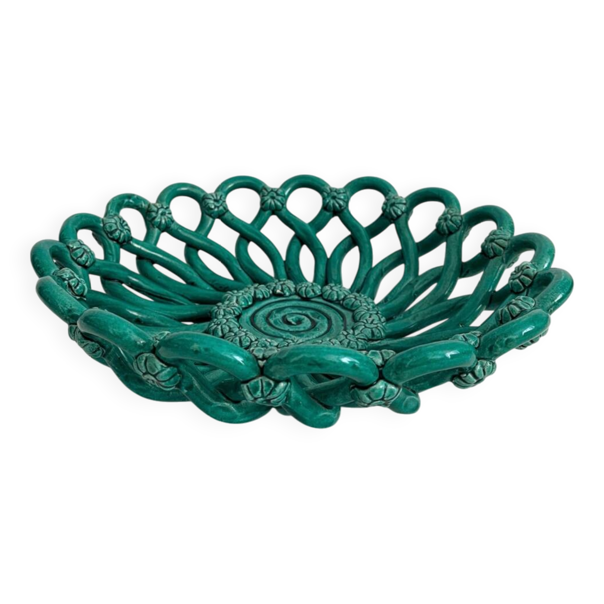 Vintage Vallauris green woven ceramic fruit bowl
