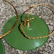 Vintage trio suspension lampshade in green and white enamelled metal.