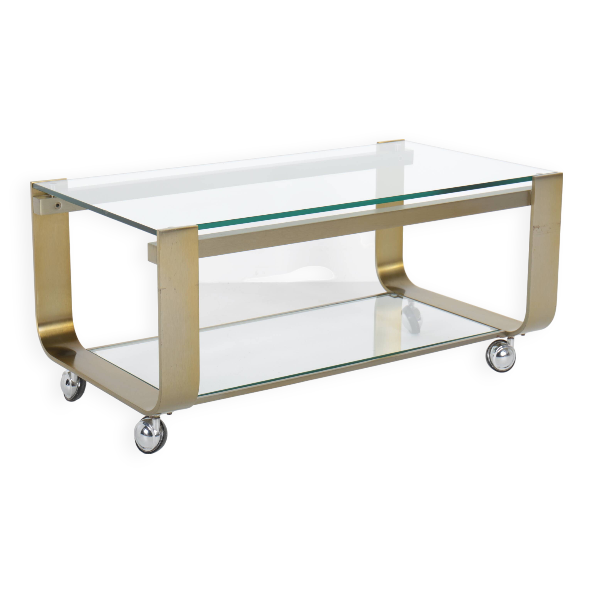 Vintage coffee table in gold metal and double glass top, 70s