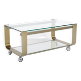 Vintage coffee table in gold metal and double glass top, 70s