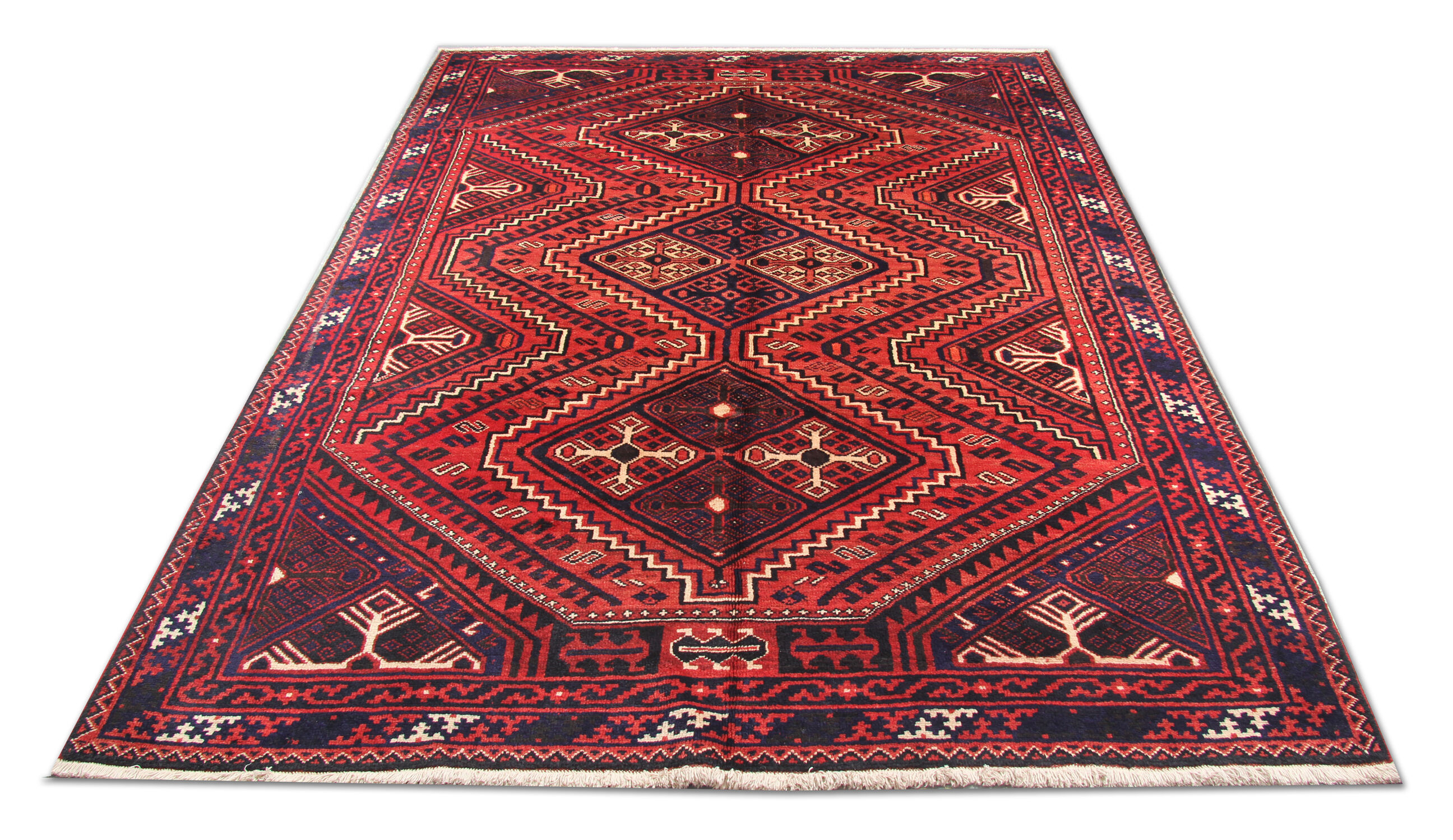 Hand Made Oriental Wool Area Rug, Traditional Red Blue Carpet- 225x310cm