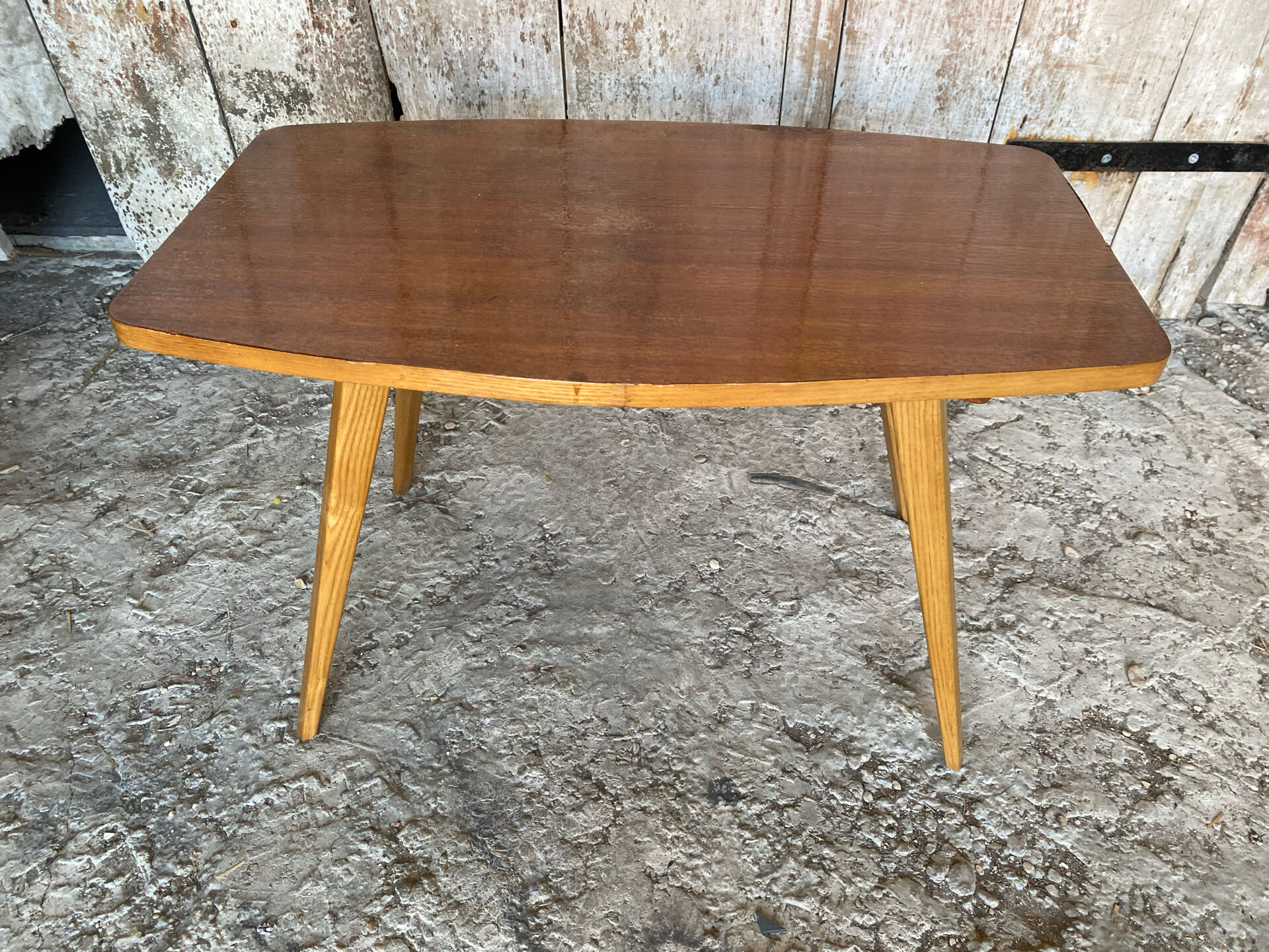 Table Basse Ancienne Scandinave Bois Pieds Compas Années 60 Vintage #E