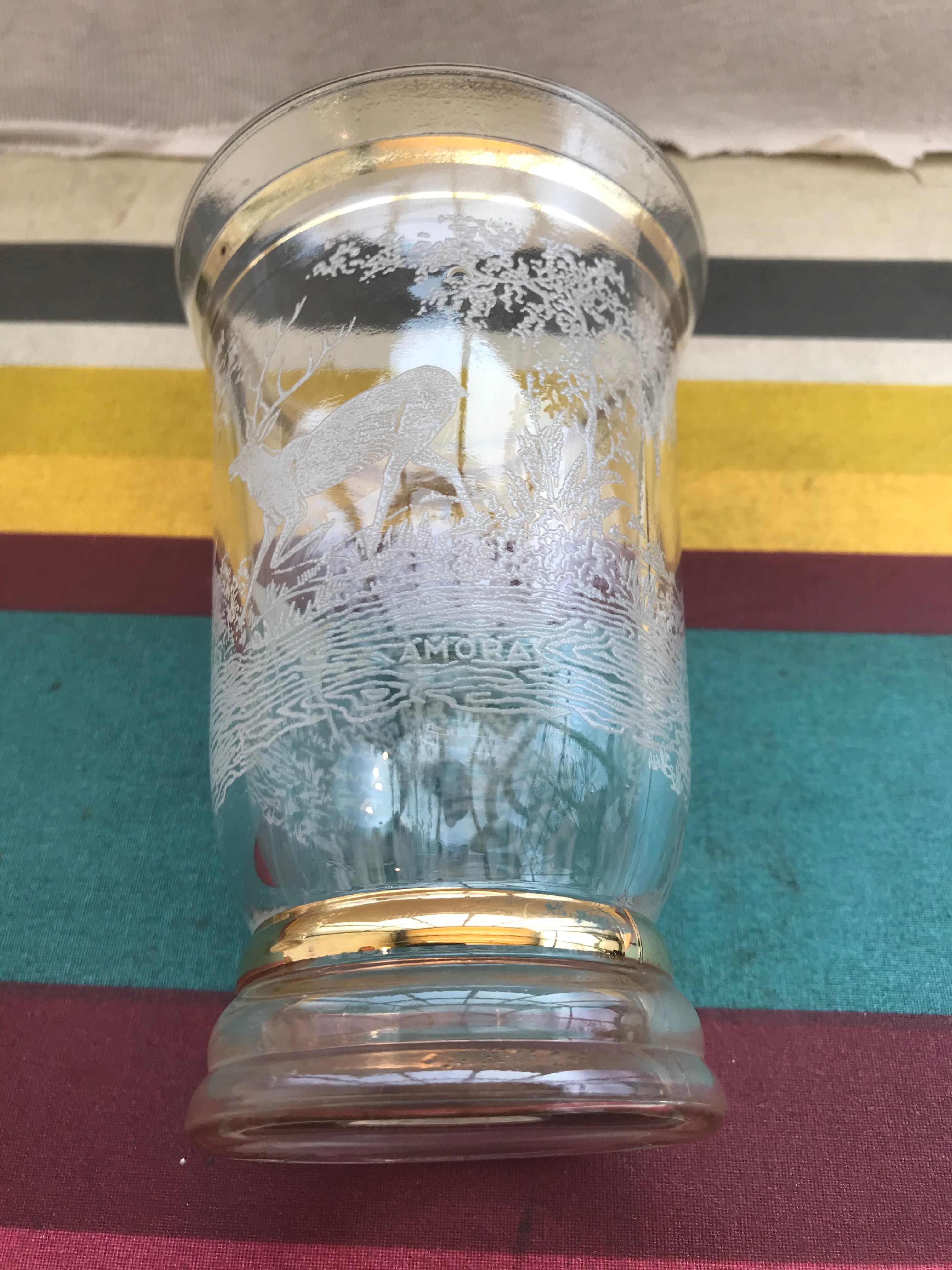 Pair Old Glass Vase Moulded Gold Decor AMORA - Vintage Geometric Design