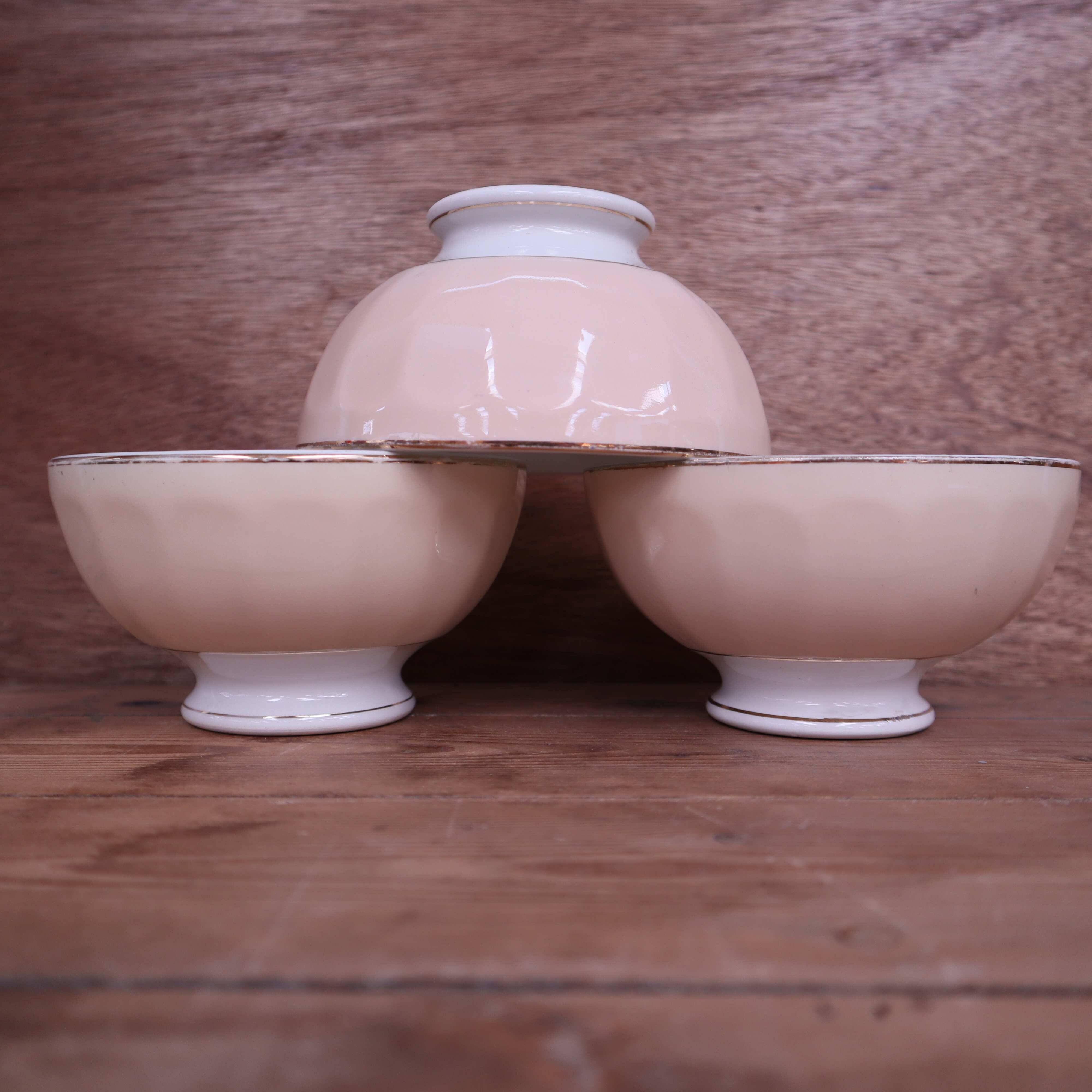 3 antique pale pink earthenware bowls from Moulin Des Loups