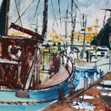 Huile sur toile originale suédoise du milieu du siècle « Marina » de Steu (1971) - Encadrée