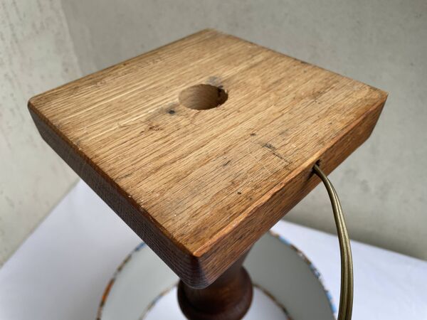 Lampe à poser en bois tourné vintage, abat-jour tambour floral